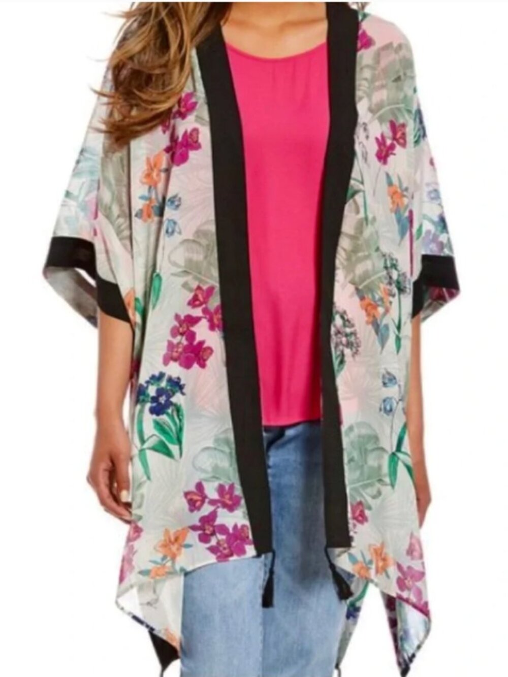 Gibson Latimer Open Floral Kimono with tassels